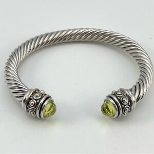 Beautiful Silver-Tone Twisted Cable Cuff Bracelet with Faux Peridot Stones